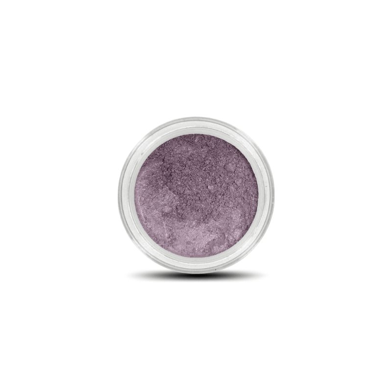 Minerale paarse oogschaduw in een potje, met glanzende zilveren glitter voor een romantische look.