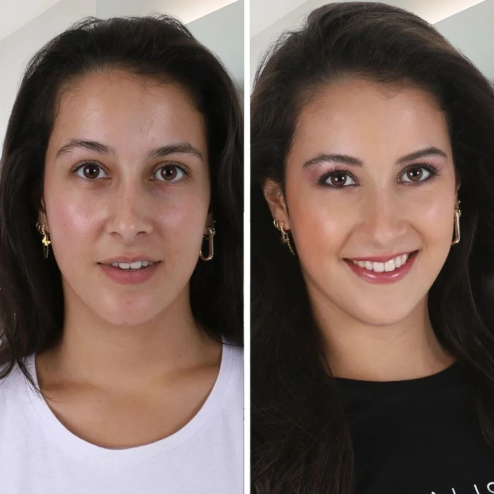 Before-and-after photo of the same person: without makeup on the left, with makeup on the right